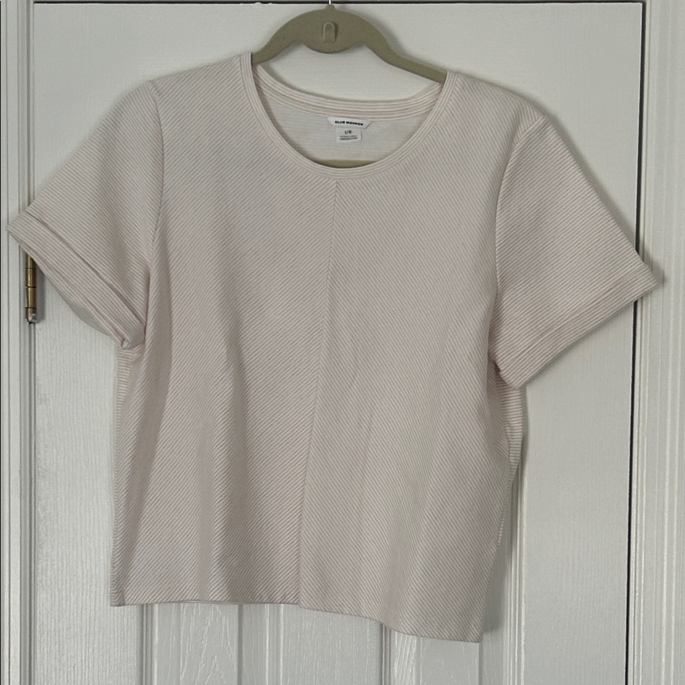 Club Monaco Cream Striped Tee.  Size Medium